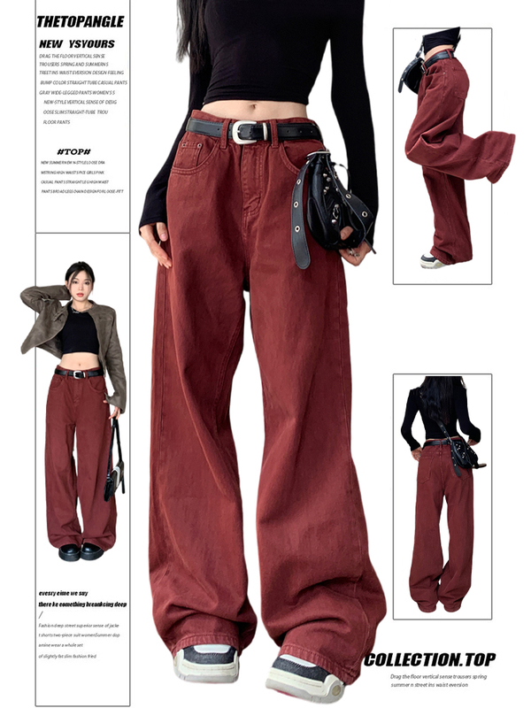 Burgundy Wide-Leg Jeans for Women 2025 New Autumn and Winter Hot Style High-Waisted Loose Straight-Leg Drapey Floor-Length Pants Burgundy Wide-Leg Jeans for Women 2025 New Autumn and Winter Hot Style High-Waisted Loose Straight-Leg Drapey Floor-Length Pants
