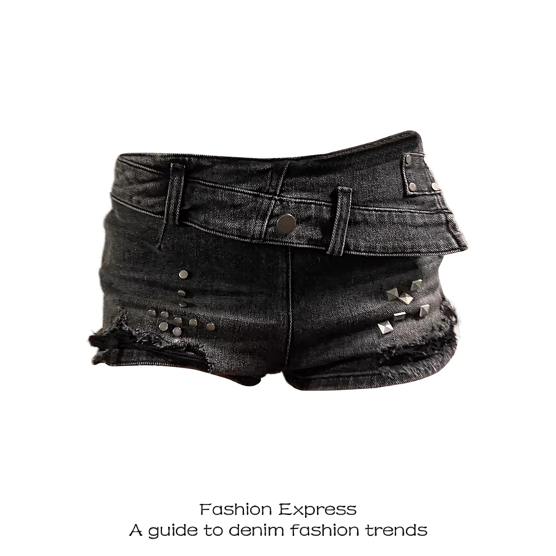 American-Style Women's Shorts Summer 2026 New Retro Black Studded Denim High-End Low-Waist Cuffed Hot Pants Trendy