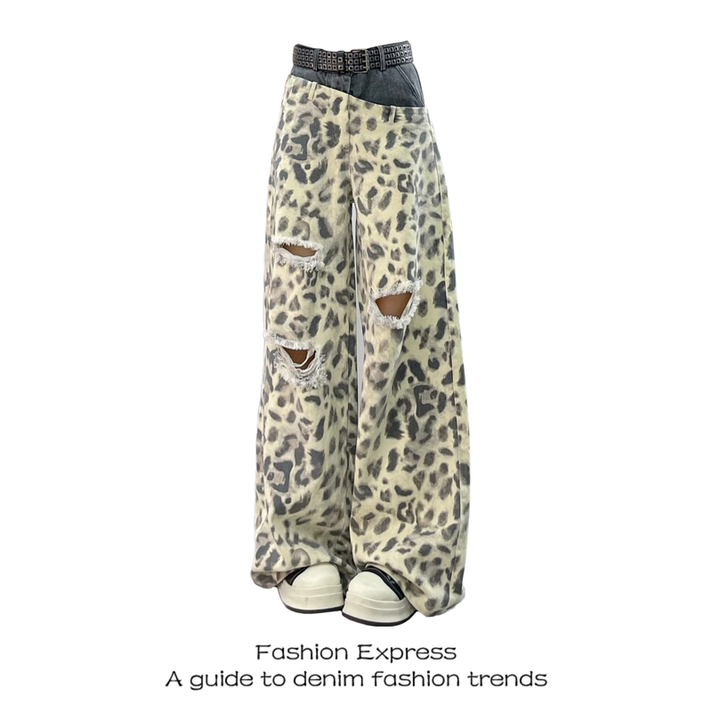 Two-Tone Patchwork Jeans for Women, New Summer Style, American Street Style, Leopard Print, Double Waistband, Ripped, Loose Wide-Leg Pants, Trendy Two-Tone Patchwork Jeans for Women, New Summer Style, American Street Style, Leopard Print, Double Waistband, Ripped, Loose Wide-Leg Pants, Trendy