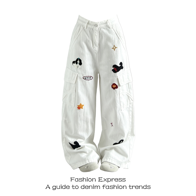 White Embroidered Design Casual Pants Jeans for Women 2026 New Style Loose Drape Straight Wide-Leg Floor-Length Pants White Embroidered Design Casual Pants Jeans for Women 2026 New Style Loose Drape Straight Wide-Leg Floor-Length Pants