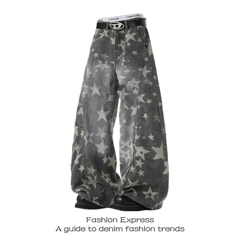 American-Style Cool Street Jeans for Women, Spring and Autumn Vintage Star Print, Washed and Distressed, Scimitar Workwear Wide-Leg Pants American-Style Cool Street Jeans for Women, Spring and Autumn Vintage Star Print, Washed and Distressed, Scimitar Workwear Wide-Leg Pants
