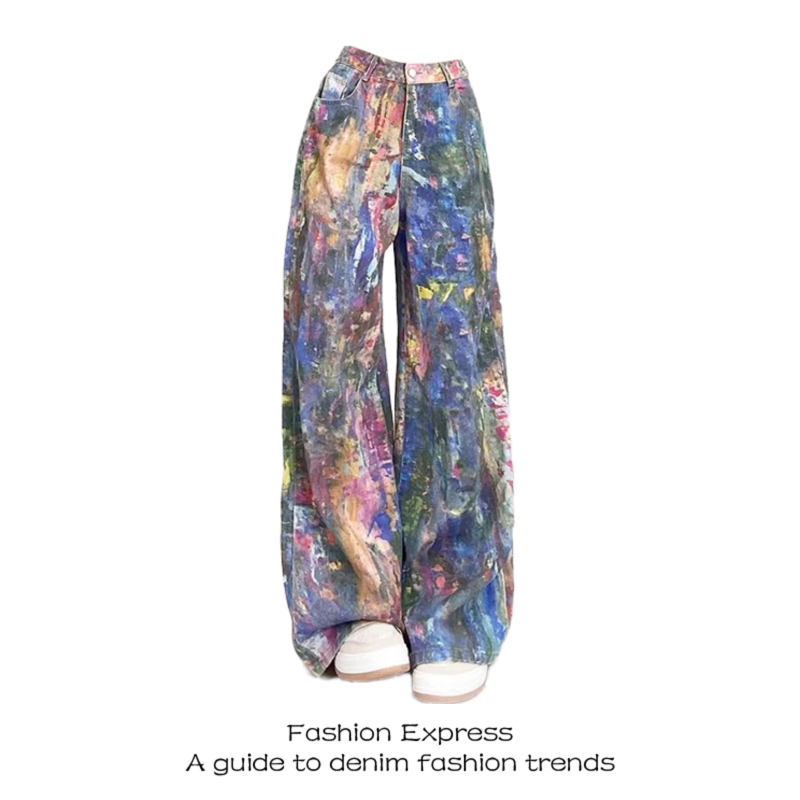 American Retro Dopamine-Colored Jeans for Women 2026 Spring and Autumn Graffiti Splatter High-Waisted Dance Wide-Leg Casual Pants
