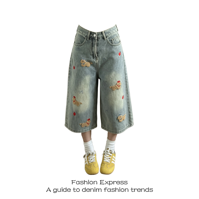 American Retro Washed Denim Cropped Jeans for Women 2026 with Dog Embroidery Design, High-Waisted, Slimming, Loose Wide-Leg Pants