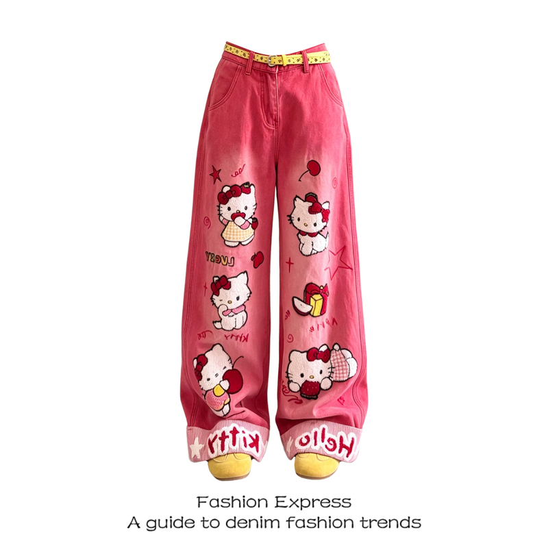 Pink Kitty Embroidered Patchwork Jeans for Women 2026 Autumn New Loose Wide-Leg Straight Pants Trendy Pink Kitty Embroidered Patchwork Jeans for Women 2026 Autumn New Loose Wide-Leg Straight Pants Trendy