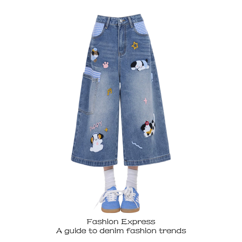 Cartoon Embroidered Jeans 2026 New Style Women's Sweet and Cool Puppy Cropped Summer Design Plaid Patchwork Pants Trendy Cartoon Embroidered Jeans 2026 New Style Women's Sweet and Cool Puppy Cropped Summer Design Plaid Patchwork Pants Trendy
