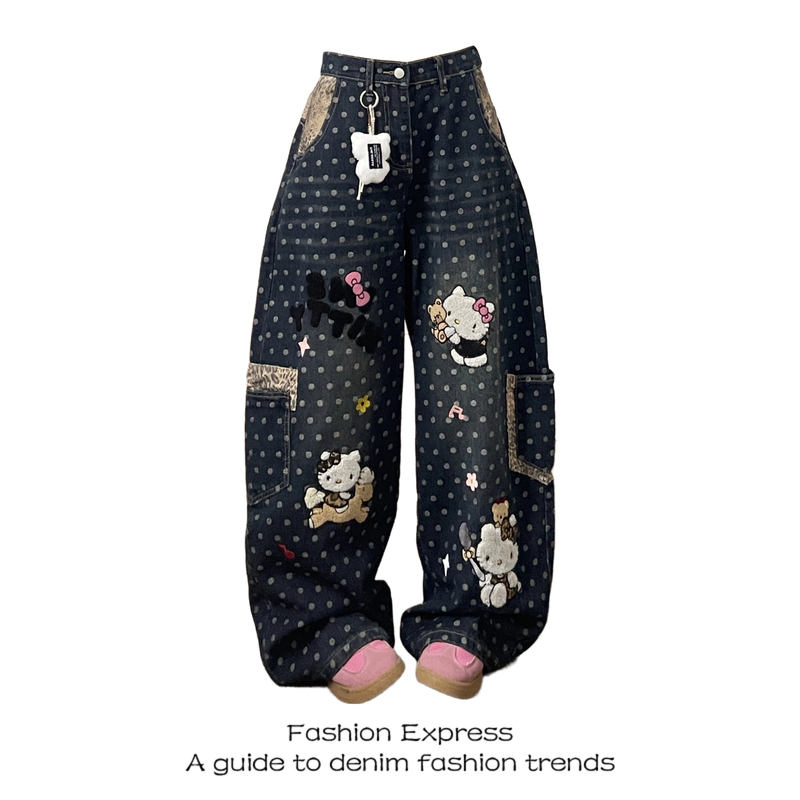 Polka Dot Leopard Print Kitty Cat Scimitar Jeans for Women, Loose Bf Lazy Style High-Waisted Wide-Leg Pants, Straight-Leg Trendy Pants
