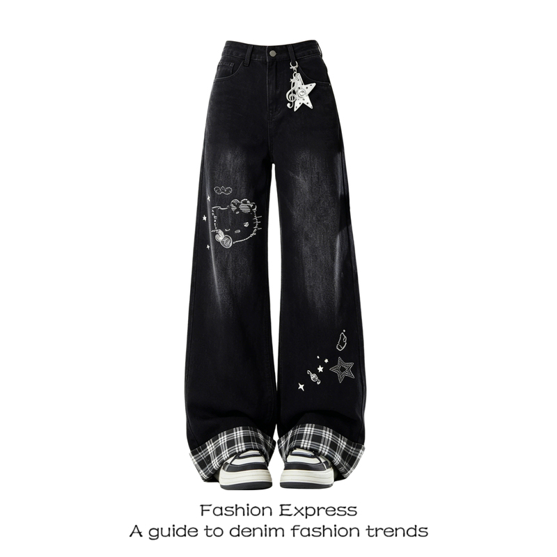 American Retro Black Jeans for Women 2026 Summer New Style Cartoon Print Plaid Lapel Design Loose Wide-Leg Pants