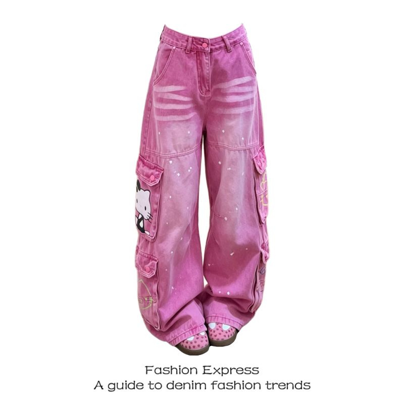 Designer Jeans for Women 2026 Summer New Style Pink Kitty Cat Print Workwear Loose Slimming Floor-Length Pants Designer Jeans for Women 2026 Summer New Style Pink Kitty Cat Print Workwear Loose Slimming Floor-Length Pants