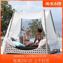 Outdoor Rattan Chair Lying Bed Beach Afternoon Swimming Pool Sleeping Chair Waterproof Loung Bed Rattan sofa Sofa Bed Sun Shade White Casual