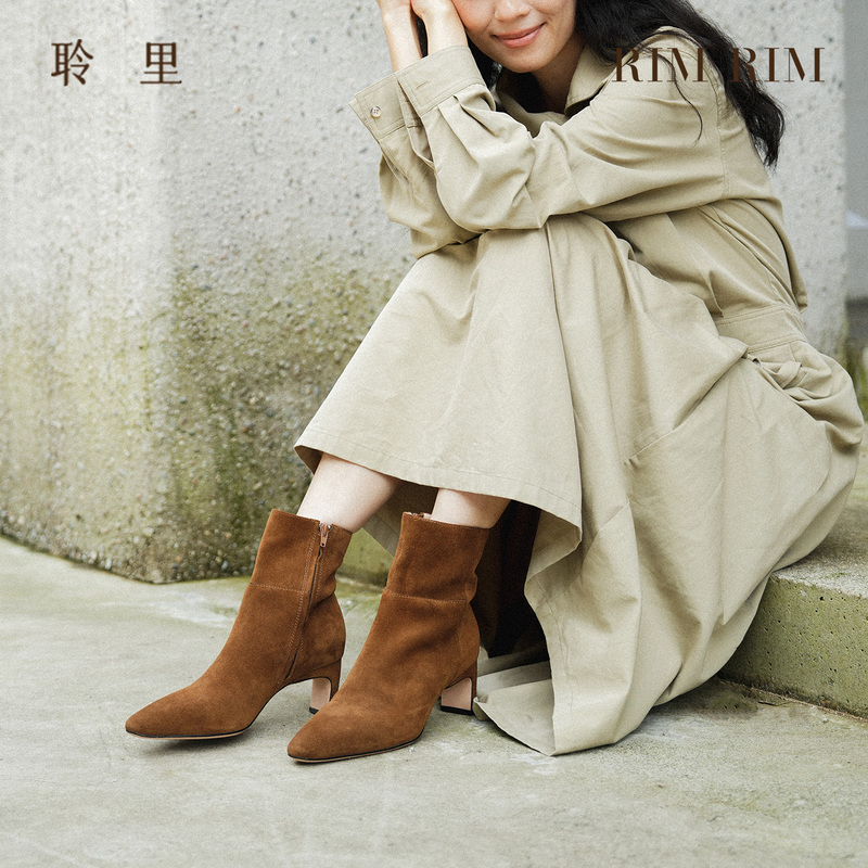 Rim Rim New Square-Toe Short Boots for Women, Winter Versatile Suede Genuine Leather Slim Boots, Elegant High-Heeled Boots Rim Rim New Square-Toe Short Boots for Women, Winter Versatile Suede Genuine Leather Slim Boots, Elegant High-Heeled Boots