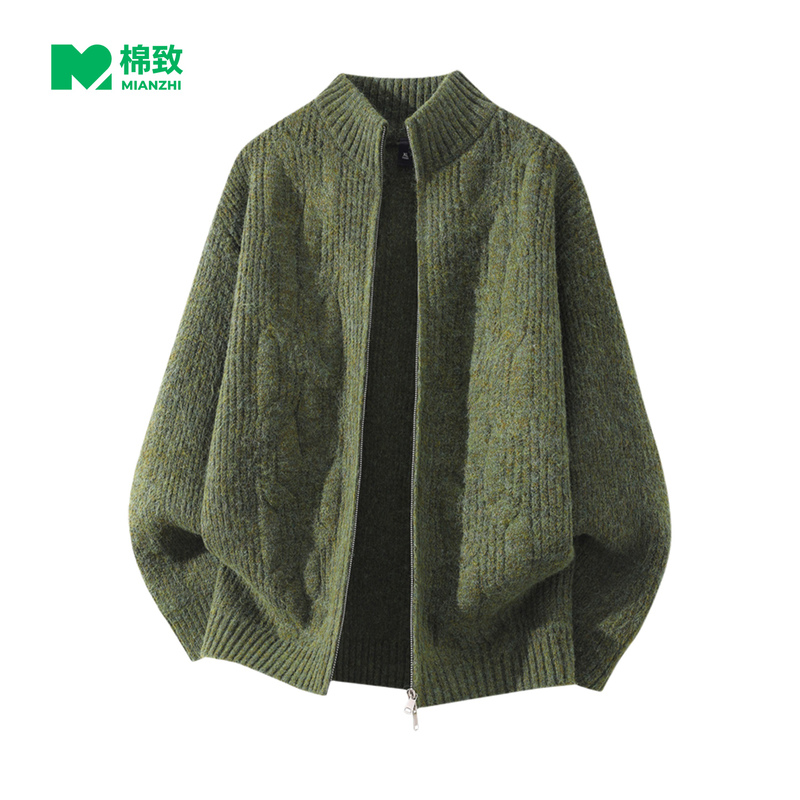 Cotton Official Genuine Lazy Style Green Retro Knitted Sweater Autumn Winter Fashion Stand Collar Cardigan Sweater Jacket for Men