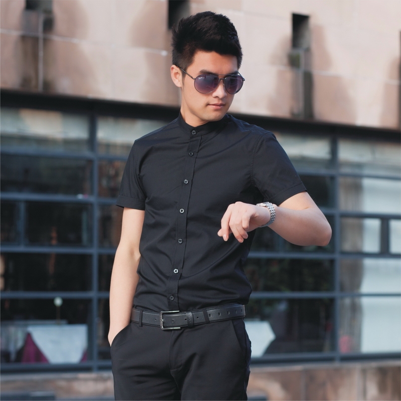 Chinese-Style Stand-Up Collar Shirt for Men, Short-Sleeved, Pure Black Cotton, Zhongshan Suit Shirt, Non-Iron, Business Professional Formal Wear, Summer