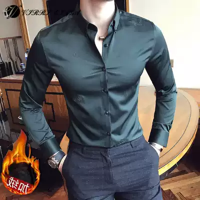 Shirt men's trend high-end leisure business embroidery Korean version of slim hot clothes men's inch shirt plus velvet thickened