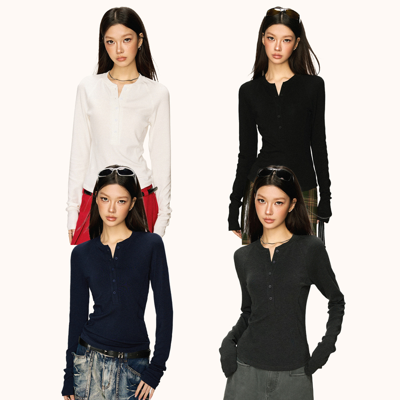Cherry Melody American-Style Design Henry Collar Button-Up Long-Sleeve T-Shirt for Women, Versatile Base Layer for Both Inner and Outer Wear Cherry Melody American-Style Design Henry Collar Button-Up Long-Sleeve T-Shirt for Women, Versatile Base Layer for Both Inner and Outer Wear