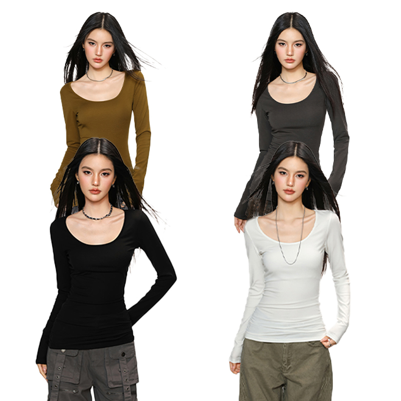 Cherry Melody American Retro U-Neck Bottoming Shirt for Women, Pure Color Long-Sleeved T-Shirt with Waist Design and Inner Top