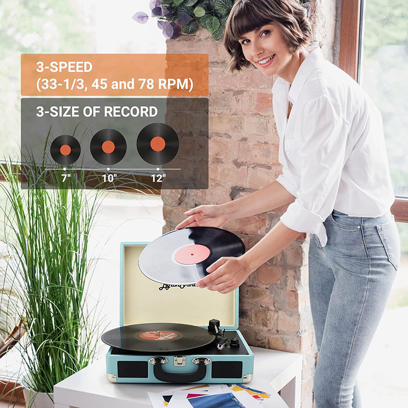 Виниловый проигрыватель 装逼送礼利器！出老美覆古黑胶唱片机3速内置立体声扬声手提箱