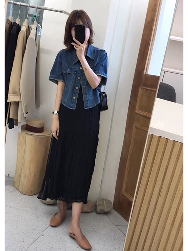 Летняя одежда, джинсовая куртка, платье, комплект, по фигуре, изысканный стиль