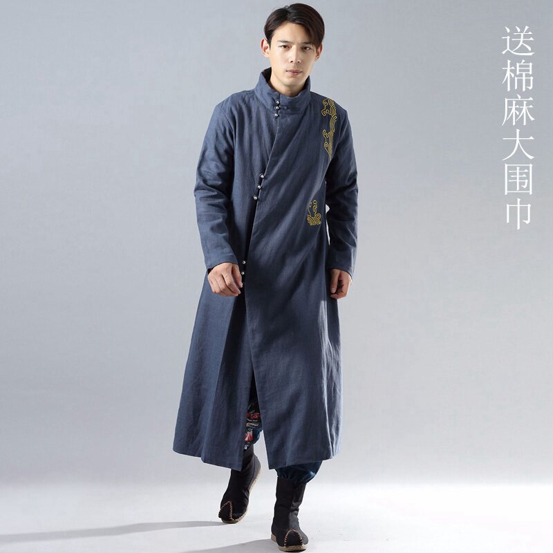 Tang Fashion Boy Tide plus long coat over knee cotton tatton paste embroidery Chinese style cotton clothing