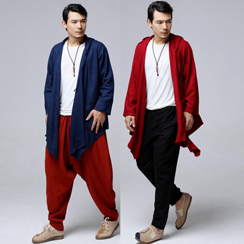 Chinese style men's spring and autumn pure hemp medium and long version of large size casual Chinese hooded irregular retro literary personality coat