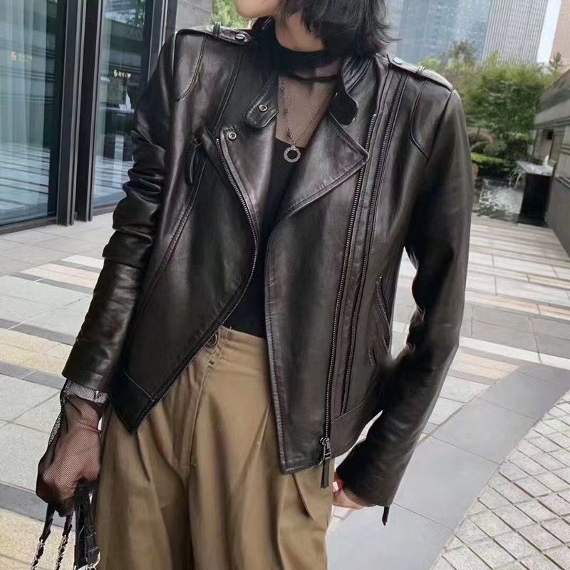 2025 Spring and Autumn New Women's Leather Jacket with Stand Collar, Pockets, Zipper, Slim Fit, Motorcycle Style, Short, Plus Size