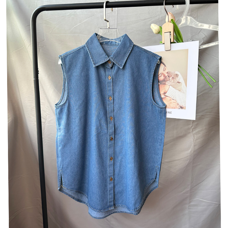 Denim Square-Neck Blue Shirt Women's Sleeveless Top Shirt Base Layer Pure Cotton Sweater Inner Layering with Slit