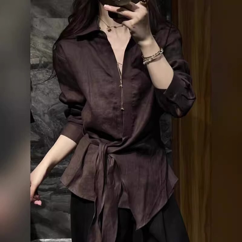 Fashionable and Elegant V-Neck Tie-Waist Design with Irregular Design Elements, Brown Shirt, Versatile for Autumn, Slimming Long Sleeves