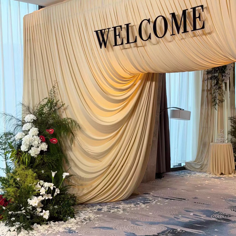 Encrypted Cream-Colored Milk Silk Fabric Curtain Champagne-Colored Background Wedding Milky Apricot-Colored Light Luxury High-End Fabric Curtain Background Wall