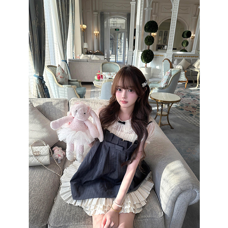Japanese Sweet Girl School Style Suspender Doll Dress Set Petite Puff Sleeve Lace Shirt Dress Two-Piece Set