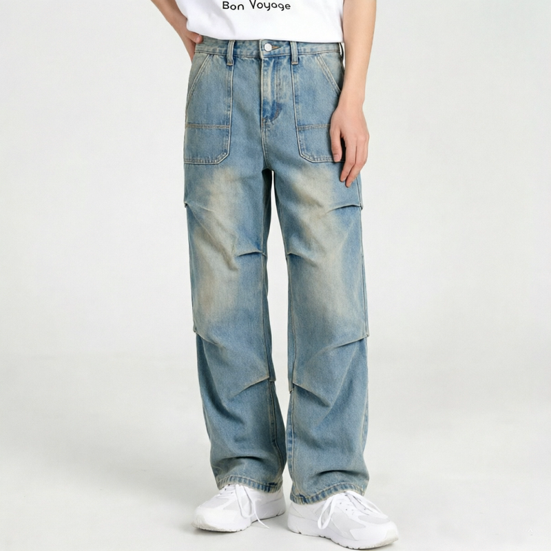 Nanqi American Retro Washed Vintage Workwear Jeans for Men Versatile Pleated Straight High Street Casual Pants
