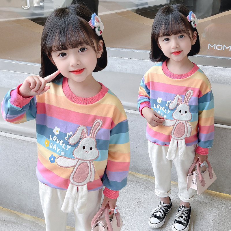 Girl Striped Casual Blouse Spring Autumn 2022 New Foreign Spring Clothing Cartoon Girl Jacket Baby Baby Pure Cotton Blouse