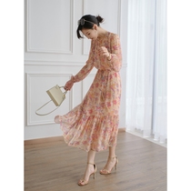 Jane Pu romantic gentle fairy air smooth silk color color printing light and elegant lace-up long dress women