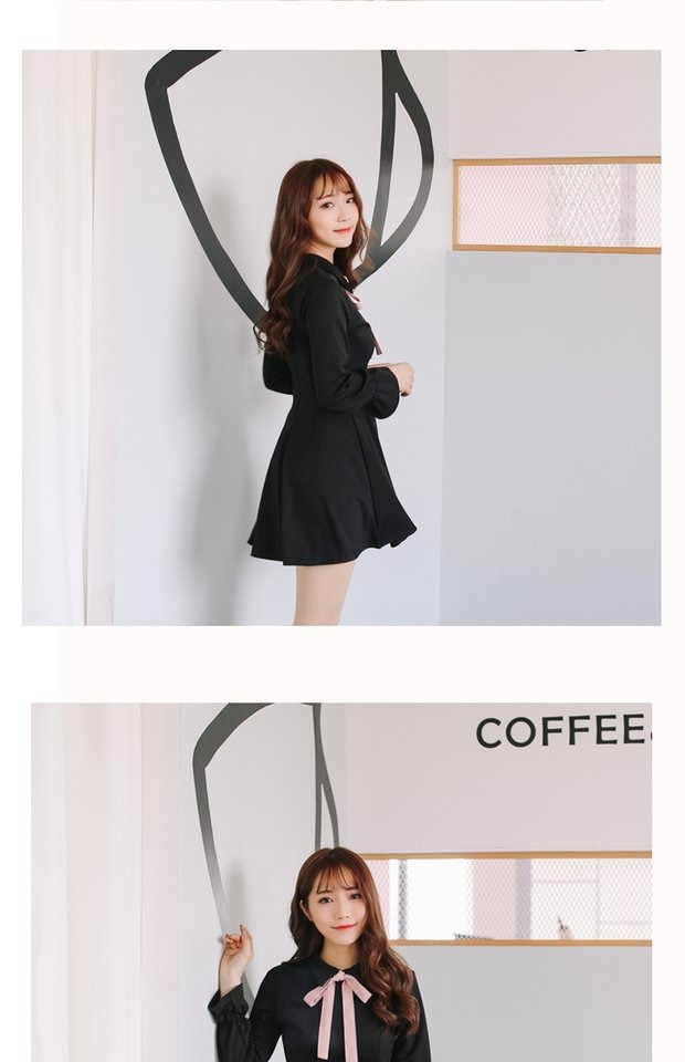 Bí ẩn âm nhạc mùa xuân và mùa thu mới cung búp bê cổ áo cao eo là mỏng nhỏ màu đen đầm dài tay đầm một từ váy nữ đầm xinh