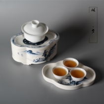 Lin Xi old Chaozhou retro crabapple blue tea boat hand-painted small tea tray dry bubble plate ceramic travel portable tea set