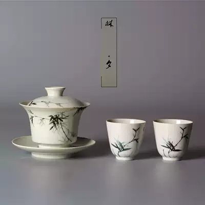 Handmade hand-painted ink bamboo Sancai cover bowl Teacup Jingdezhen ceramic tea cup Kung Fu tea set Master cup Tea