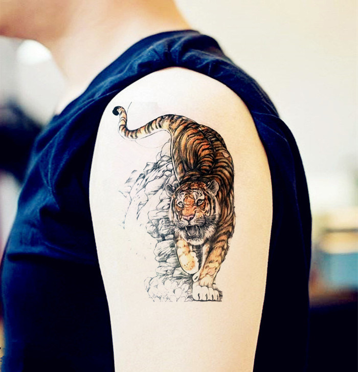 Tiger totem tattoo stickers color tiger head totem waterproof lasting simulation men and women arm and leg tattoo stickers
