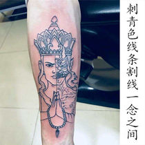 Cut line good and evil thoughts between the Tang monk tattoo with half-devil and half Buddha men and womens text flower arm calf tattoo