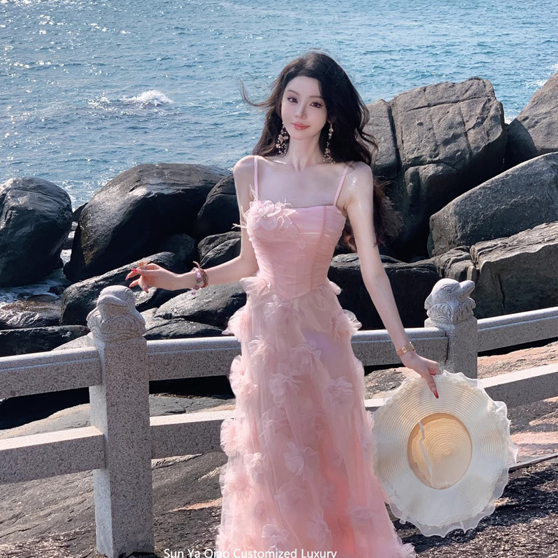 Pink Stereo Flower Suspender Dress for Women, Summer Waist Slimming Look Holiday Style Outfit, Super Fairy Elegant Long Skirt
