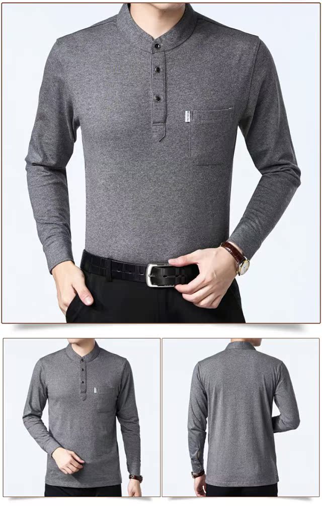 Áo thun nam dài tay cotton chạm đáy áo sơ mi nam đứng cổ áo trung niên thả lỏng quần áo nam polo từ bi áo thun nam đẹp