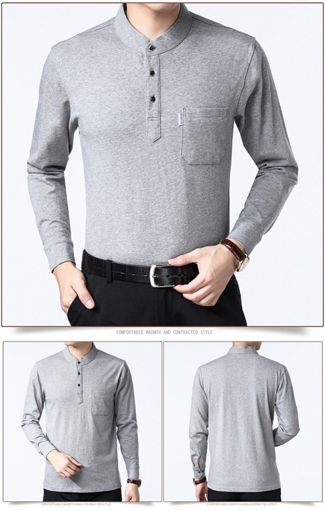 Áo thun nam dài tay cotton chạm đáy áo sơ mi nam đứng cổ áo trung niên thả lỏng quần áo nam polo từ bi áo thun nam đẹp