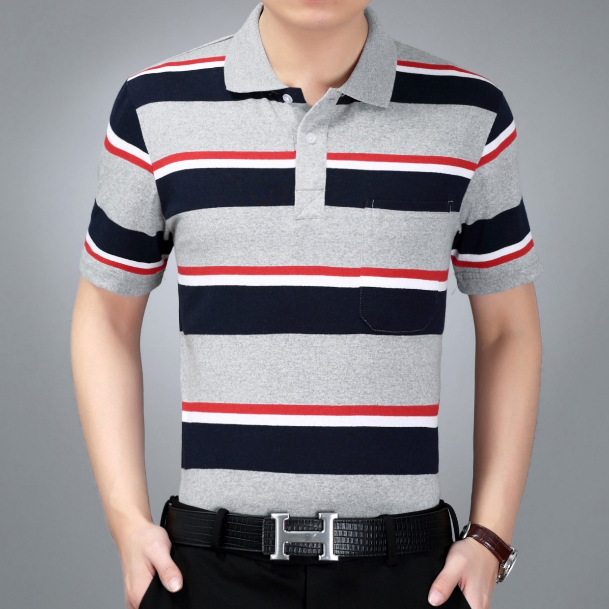 Áo thun nam sọc ngắn tay áo cotton ve áo nửa tay áo sơ mi cộng với phân bón XL áo thun hàng đầu mùa hè áo thun burberry