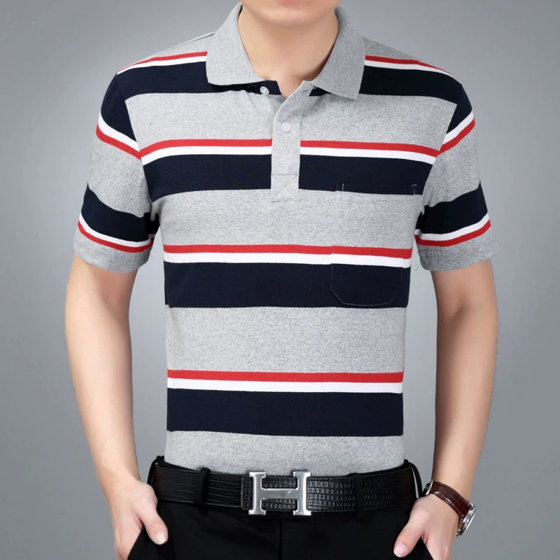 Áo thun nam sọc ngắn tay áo cotton ve áo nửa tay áo sơ mi cộng với phân bón XL áo thun hàng đầu mùa hè