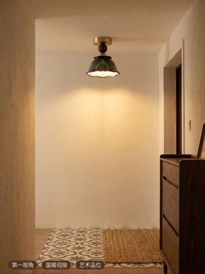 Vintage-Style Hallway Ceiling Light, Nanyang-Style Solid Wood French Retro Fine Ceramic Balcony Entrance Foyer Light