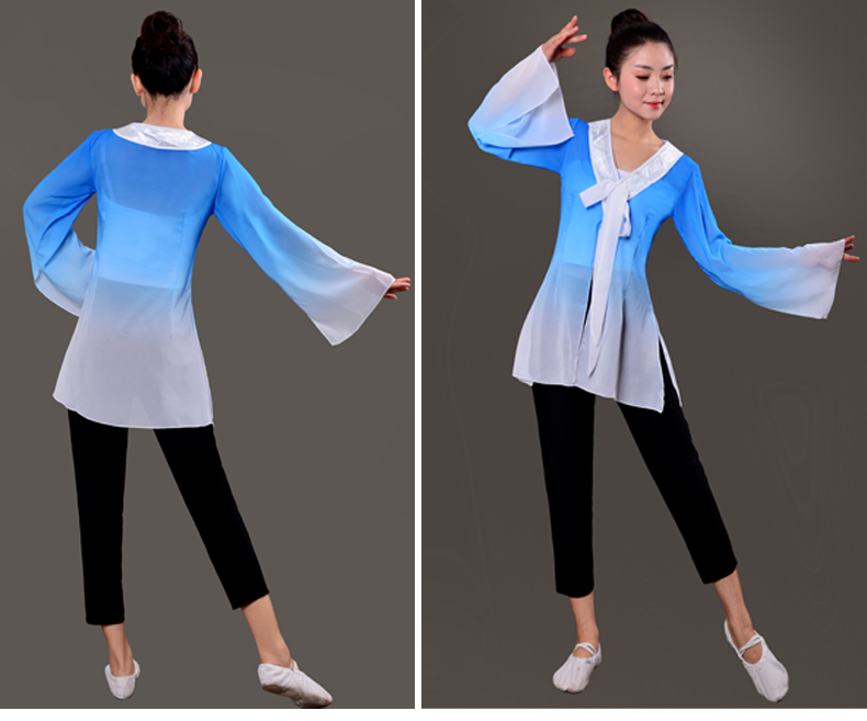 Thể dục dụng cụ khiêu vũ trang phục múa cổ điển váy dài tay hiệu suất cơ thể quần áo thể dục nhịp điệu gradient áo sơ mi thực hành quần áo người lớn nữ giày múa trắng
