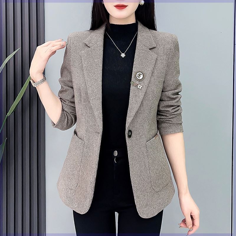 Chanel-Style Single-Button 2024 Spring New Korean Fashion Plaid Elegant Women's Blazer Jacket Slimming