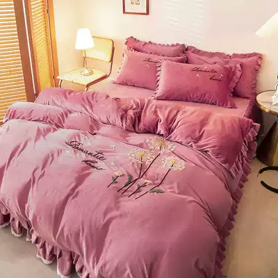 Winter coral velvet bed podium four-piece set thick double-sided Velvet crystal velvet embroidery quilt cover princess style bedding bedding