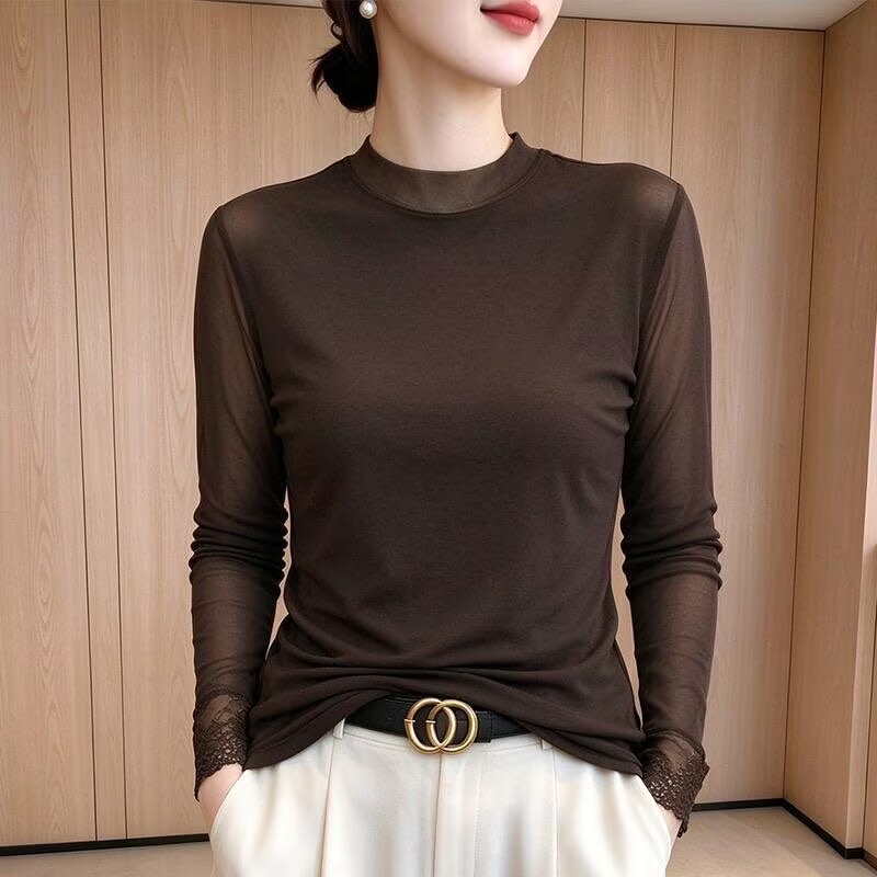 Half-High Collar Mesh Lace Base Shirt for Women, Long-Sleeved T-Shirt, New Autumn and Winter Style, Fleece-Lined, Can Be Worn as an Outer Layer, Stylish Top Half-High Collar Mesh Lace Base Shirt for Women, Long-Sleeved T-Shirt, New Autumn and Winter Style, Fleece-Lined, Can Be Worn as an Outer Layer, Stylish Top
