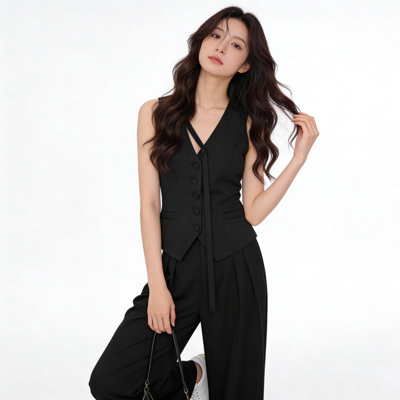 Fashionable and Versatile Women's Suit Set, New Spring Style, High-End Vest Top, High-Waisted Drapey Wide-Leg Pants Two-Piece Set