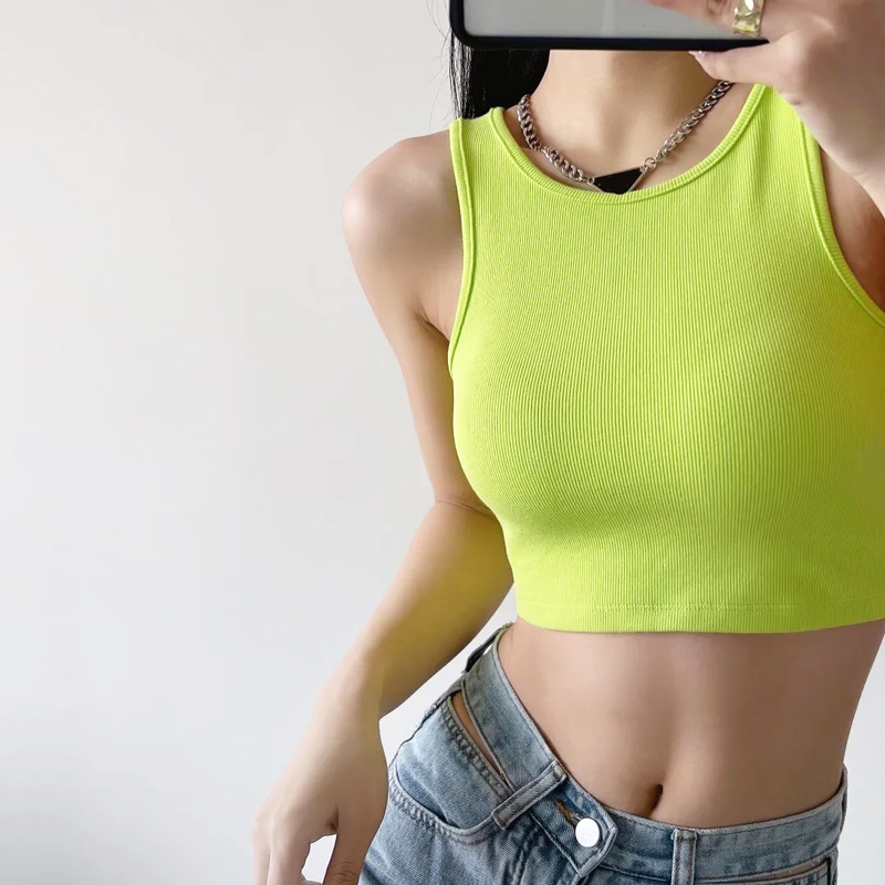 Small Round Neck Slim Fit Short Racerback Women's Sports Style Tank Top with Elastic High Waist, Revealing Waist and Navel, Simple Top for Hot Girls