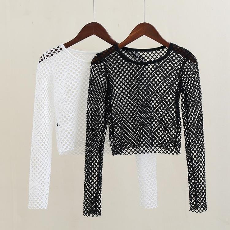 Spring and Summer New Style Large Mesh Long-Sleeved Short T-Shirt Round Neck Base Shirt European and American Style Inner Wear Slim Lace Mesh Women's T-Shirt