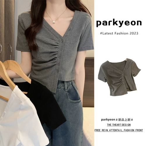 Летняя одежда, футболка с коротким рукавом, V-образный вырез, большой размер